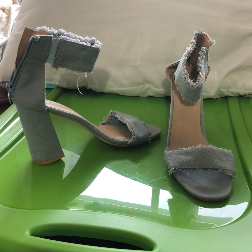 Jean frayed open toe heels